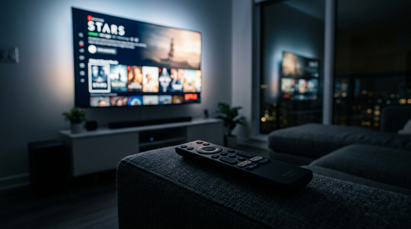 A person sitting on a couch, phone in hand, with streaming apps on the TV behind them
