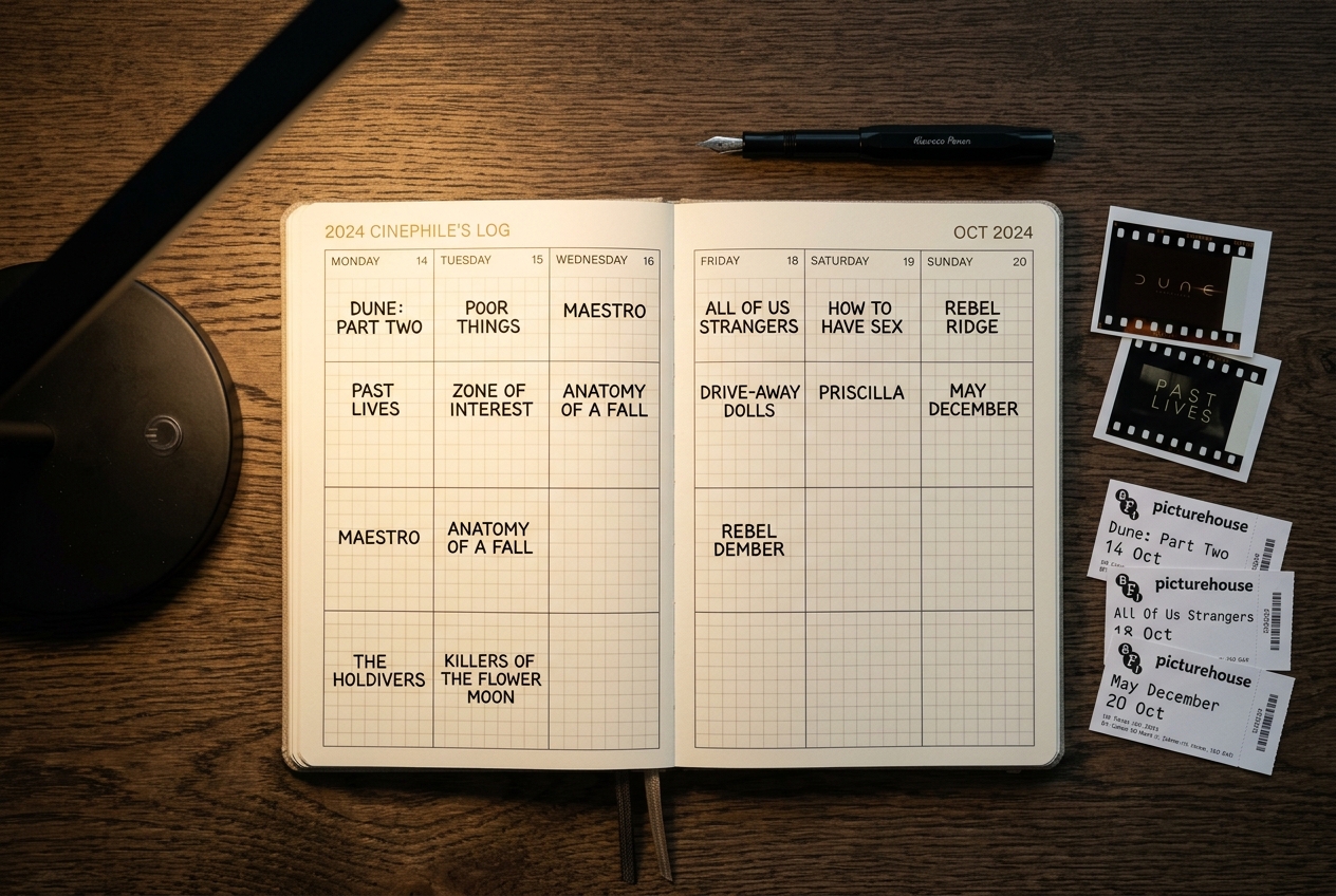 A handwritten film tracker on graph paper next to a cup of coffee and a remote control on a dark table