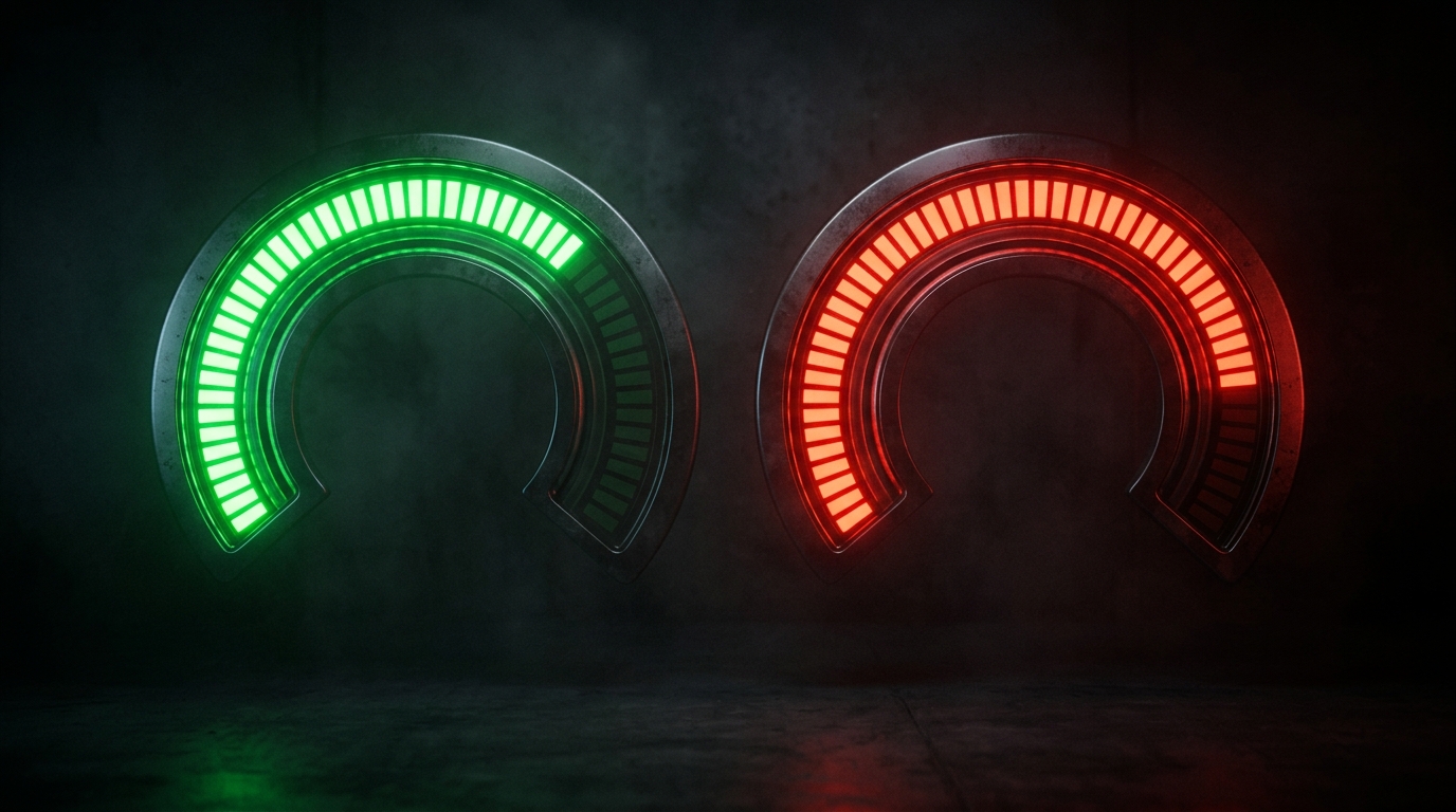 Two competing score meters side by side, one representing critic reviews and one representing audience scores, on a dark background