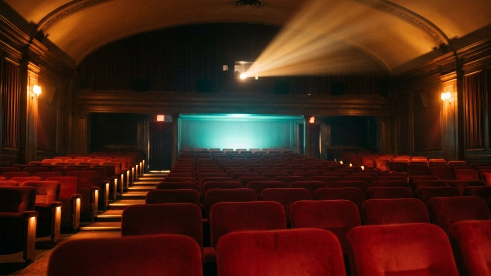A warm, dimly lit cinema auditorium before the trailers start