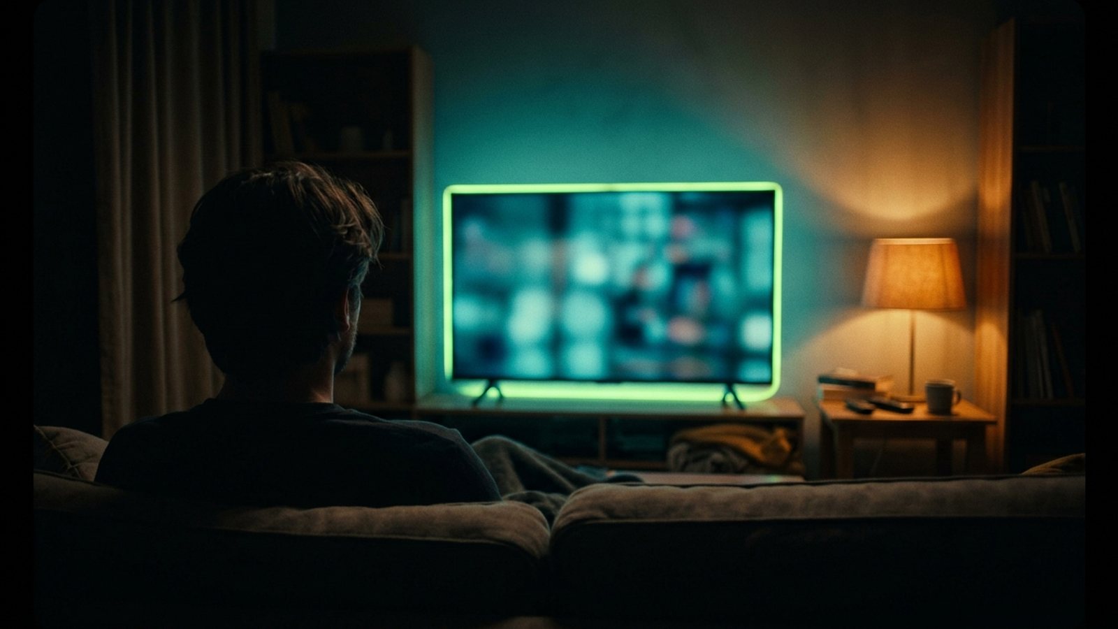 A person sitting on a sofa in a dark living room facing a television that glows teal, with a warm lamp beside it