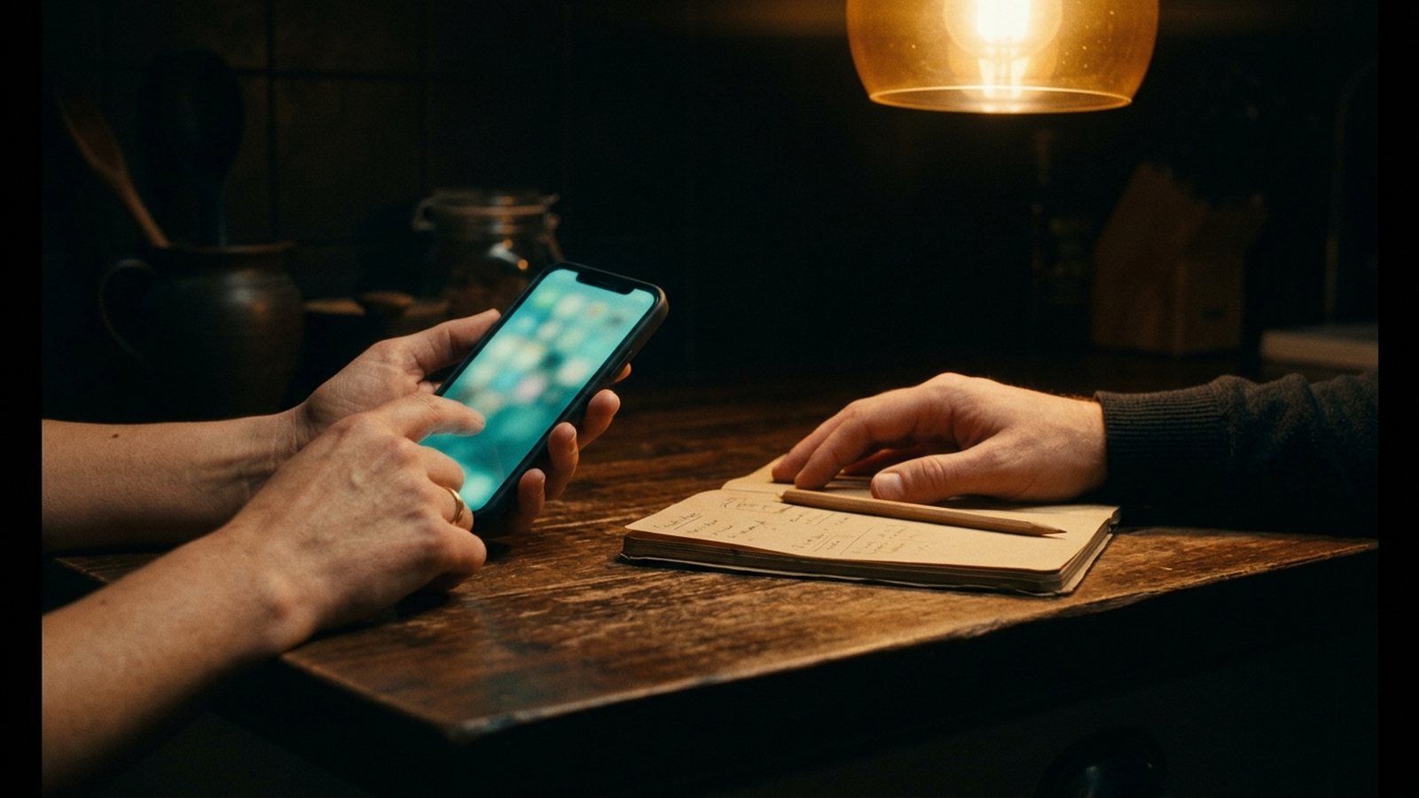 Two hands at a dark kitchen counter, one holding a phone that glows teal, the other resting beside an open notebook