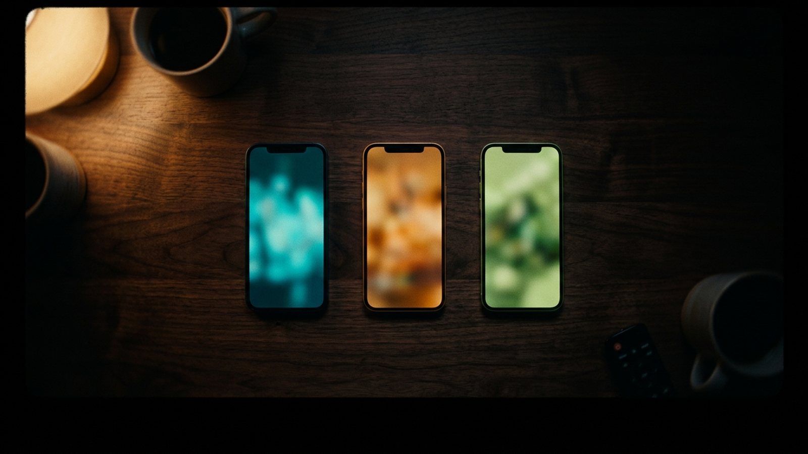 Three phones side by side on a dark table at night, each screen glowing a different colour