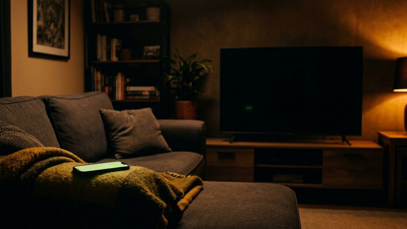 A quiet living room at night with a dark television, a warm lamp, and a phone glowing on the arm of the sofa