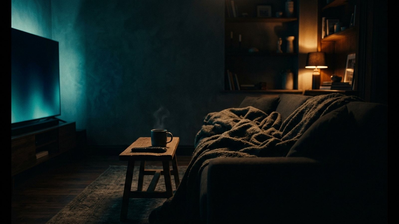 A dark living room lit by the teal glow of a television and a warm corner lamp, with a blanket and a mug beside the sofa