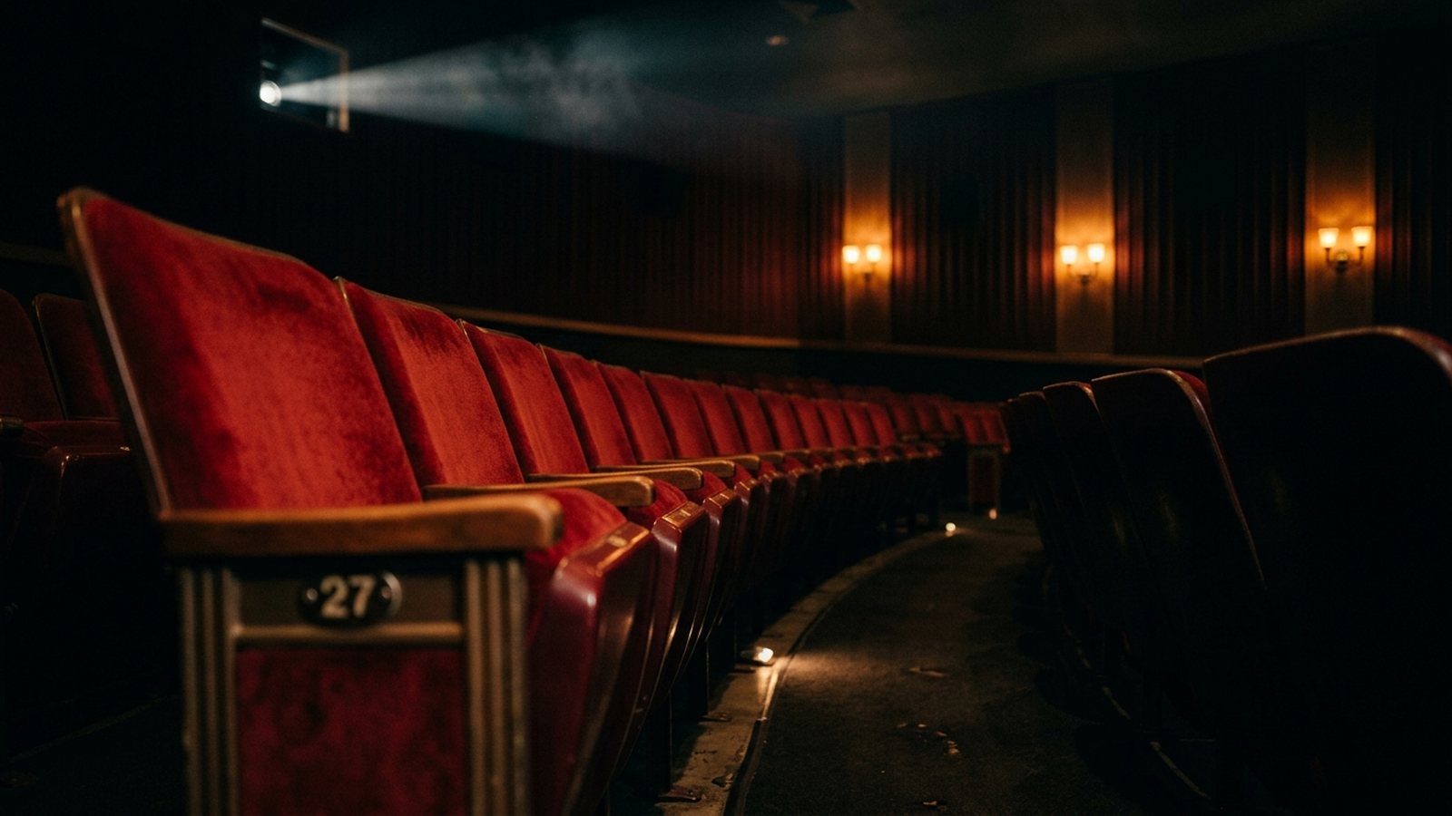 A row of empty red velvet cinema seats in the dark, with a projector beam crossing overhead and warm wall lights behind