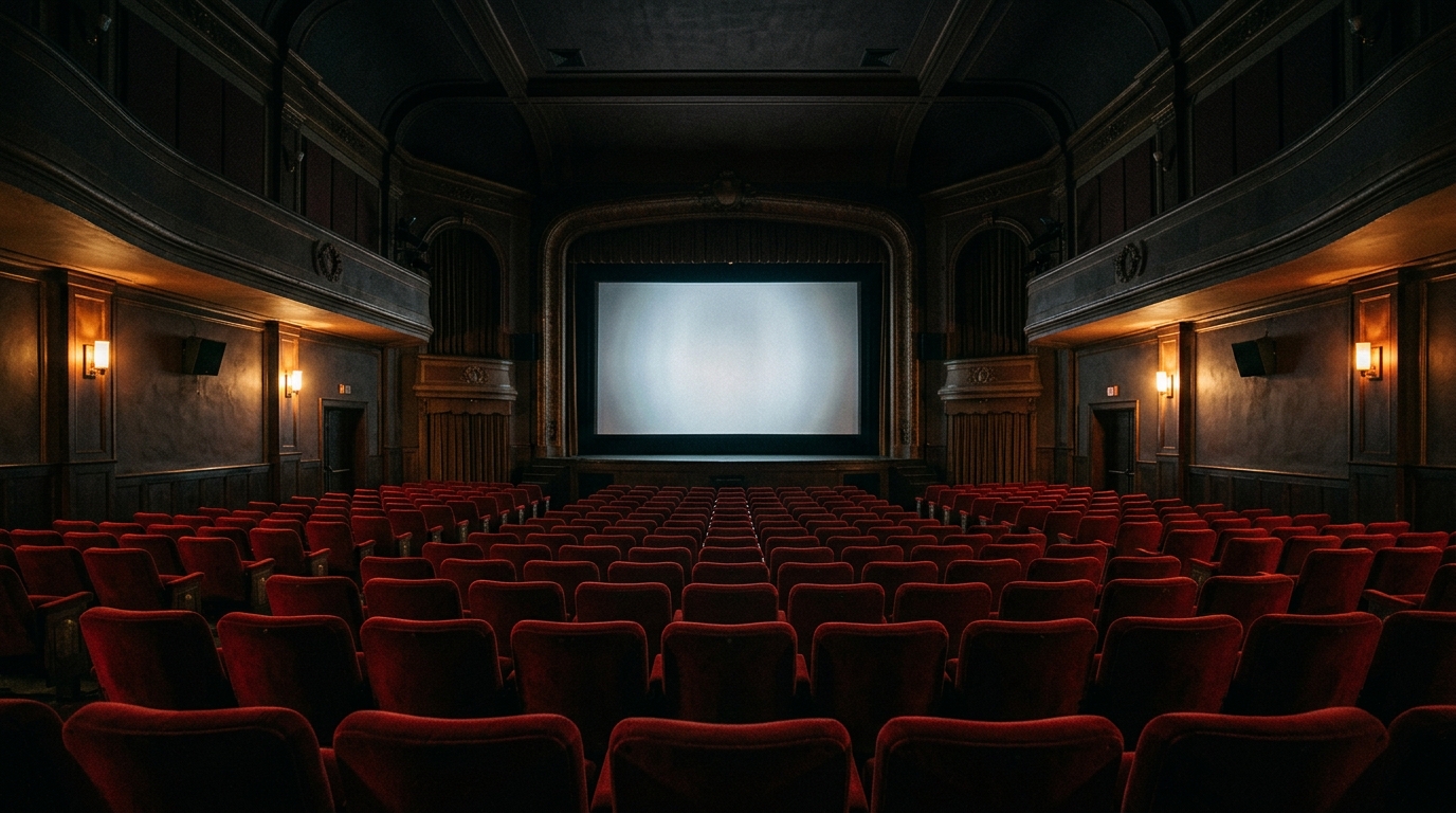 An empty art house cinema with rows of red velvet seats facing a glowing screen, dramatic warm side lighting, dark and atmospheric
