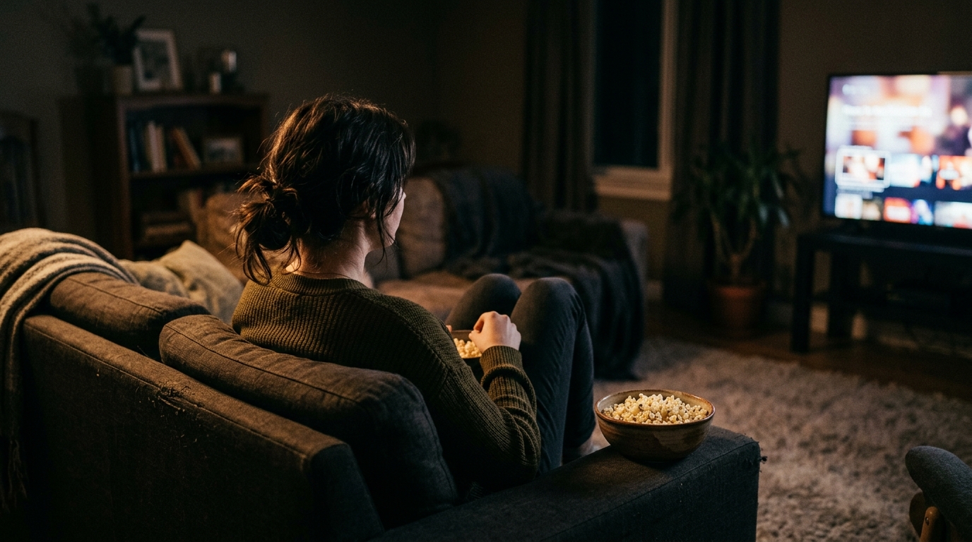 A person sitting alone on a couch from behind, dimly lit living room with warm television glow, bowl of popcorn, relaxed evening atmosphere