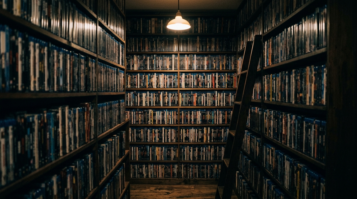 Floor-to-ceiling shelves packed with hundreds of Blu-ray and DVD cases in a narrow dimly lit room, a single overhead light illuminating the overwhelming collection