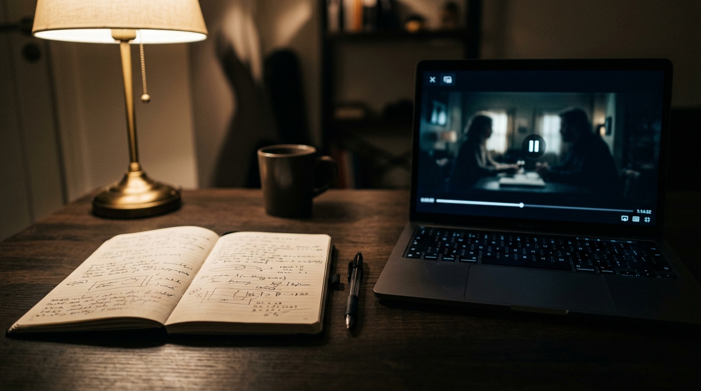 A movie journal open on a desk with handwritten film notes