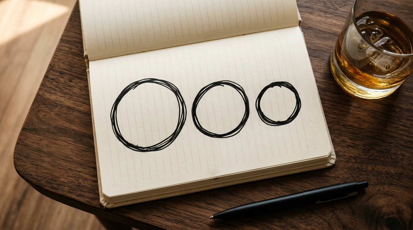 Three hand-drawn circles of different sizes on an open notebook, with a glass of whiskey and a pen on a dark wood surface