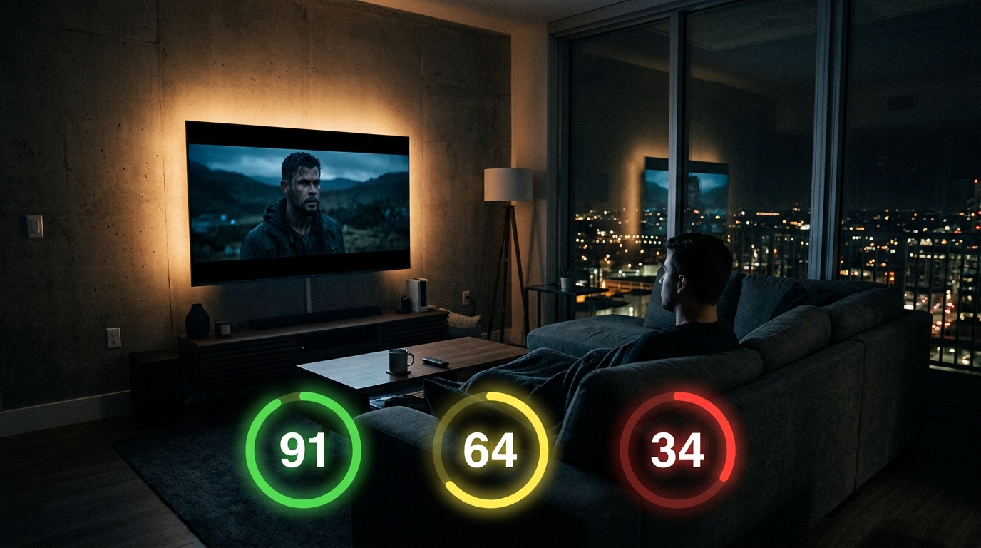 A person in a dark home theater watches a movie on a large screen, with three abstract glowing score circles floating in the foreground