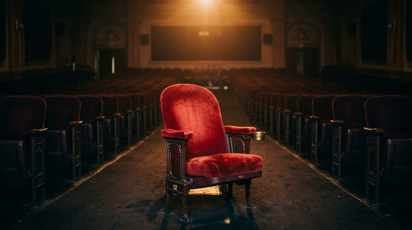 A single empty red velvet movie theater seat in focus in an empty cinema, with warm projection light from above