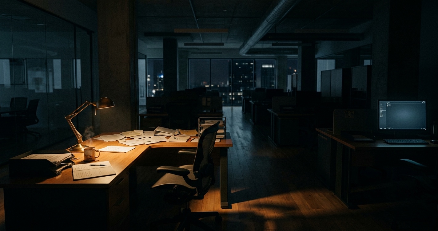 A dimly lit office space after hours with a single desk lamp casting warm light on a cluttered desk