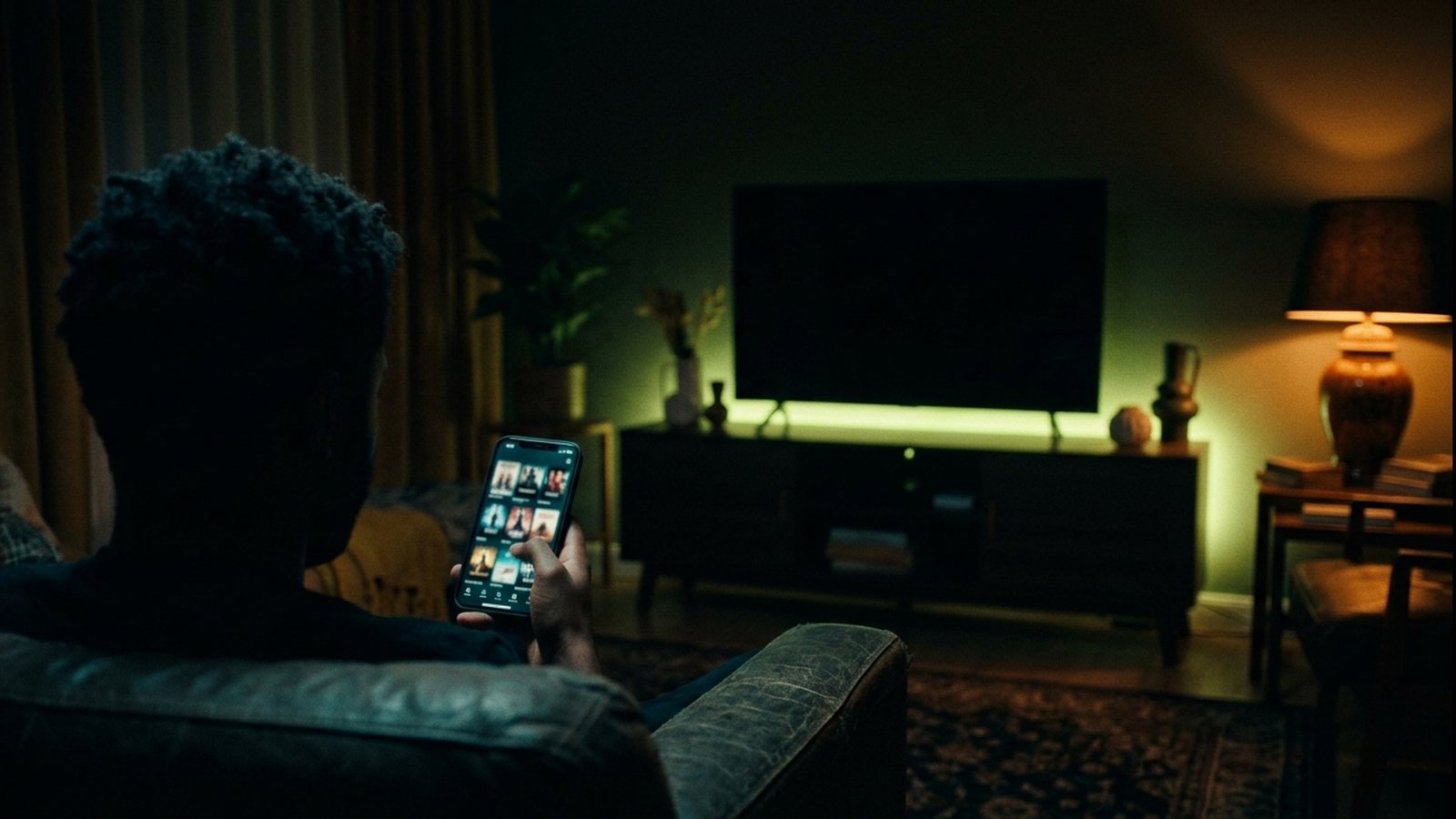Someone on a sofa in a dim living room checking a list of titles on their phone, with the television switched off
