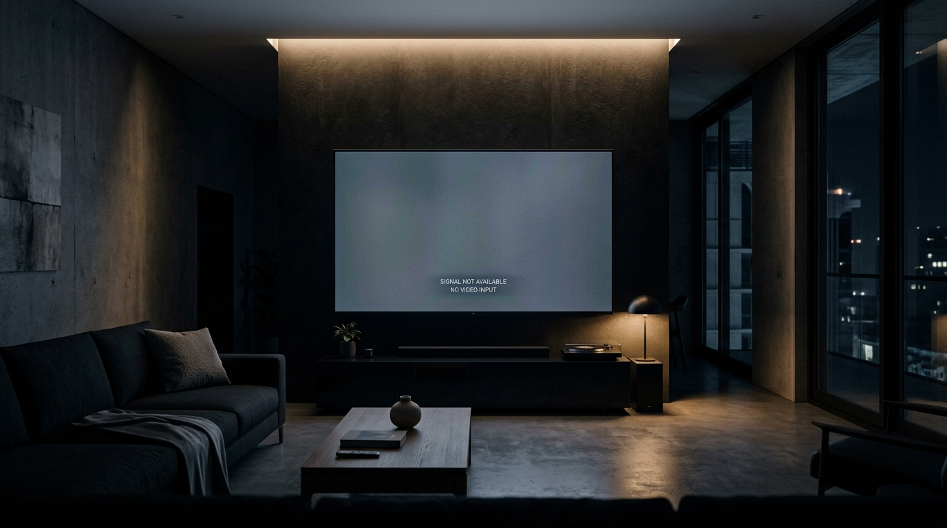 A person looking frustrated at a streaming interface on a large TV screen in a dark living room, film not found