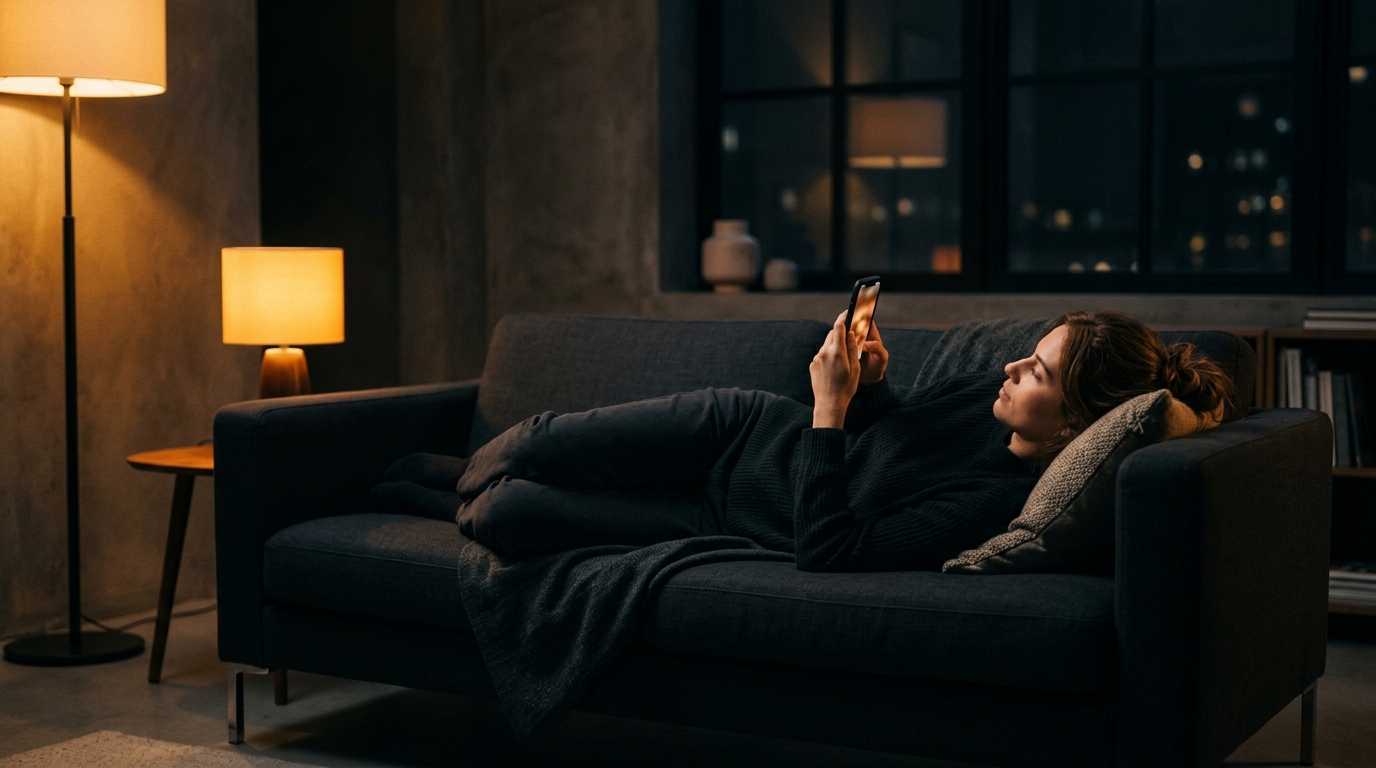 A person in a dark living room scrolling through a phone with a long movie list visible on screen