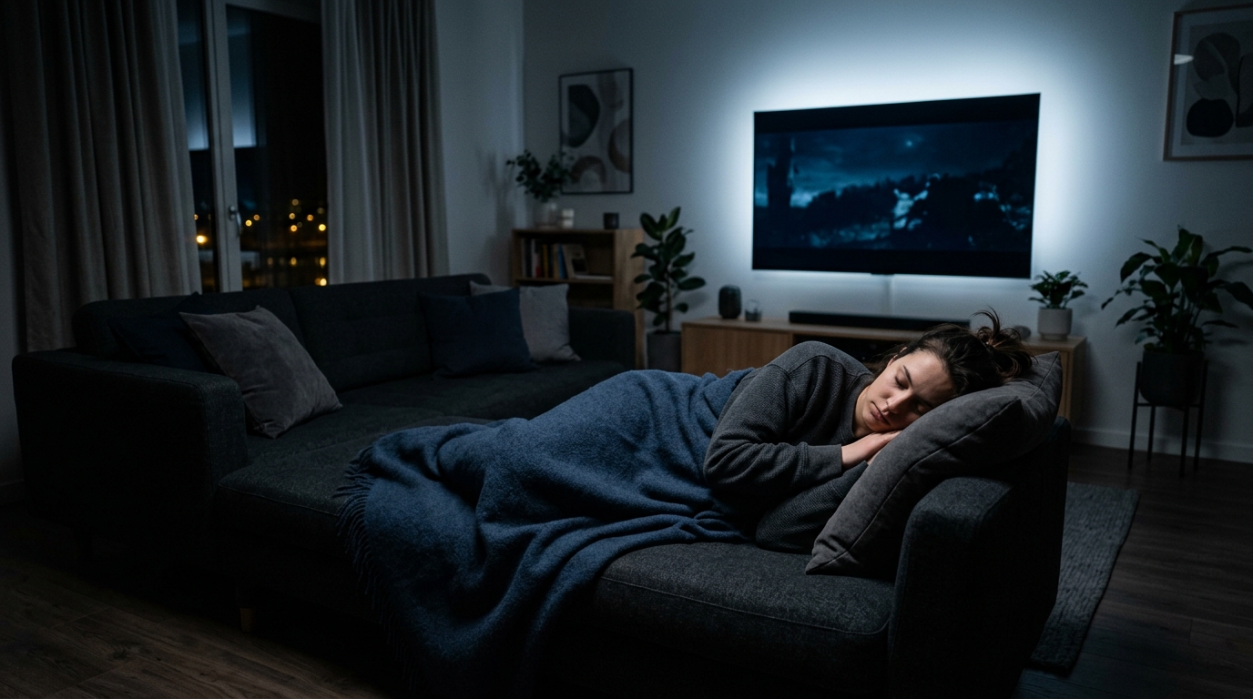 A person relaxing on a couch in dim light, browsing for something to watch