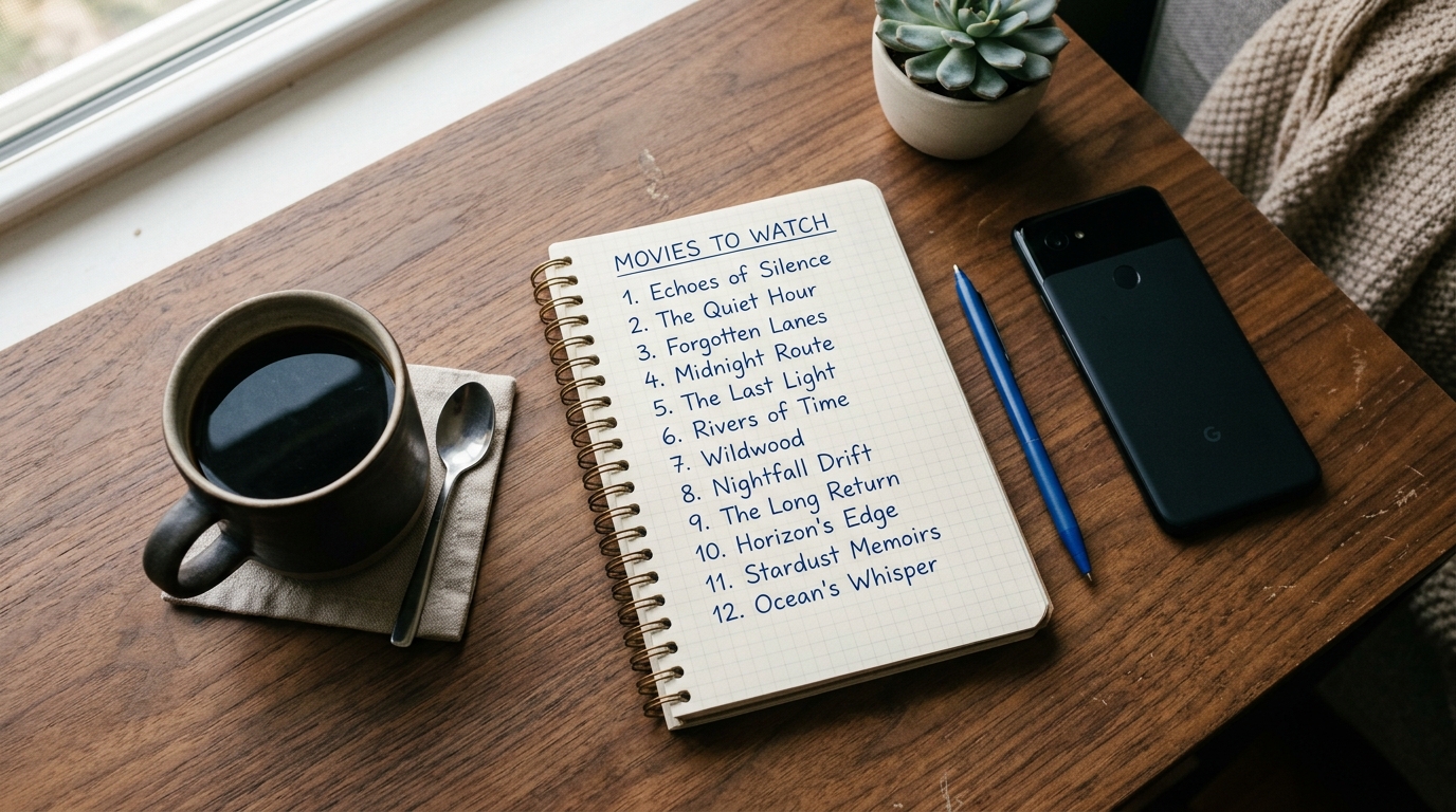 An open spiral notebook on a wood desk with a handwritten list of movies to watch, a blue pen, a cup of coffee, and a smartphone face-down