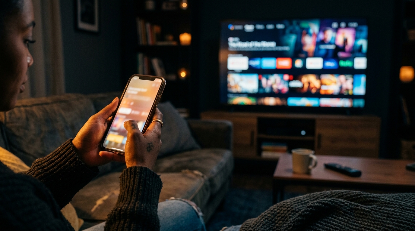 A person holding a smartphone in a dimly lit living room with a large TV glowing in the blurred background