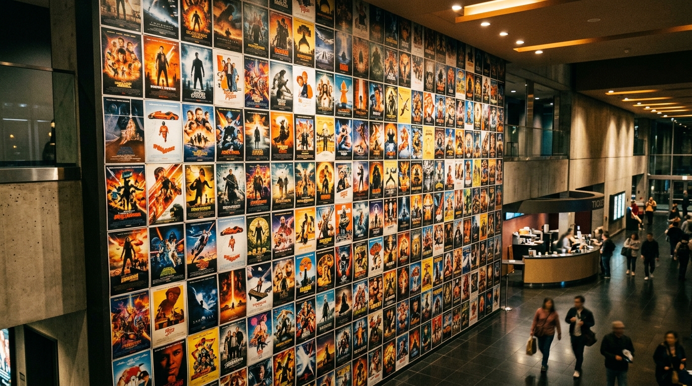 A floor-to-ceiling wall of hundreds of colorful movie posters in a modern cinema lobby