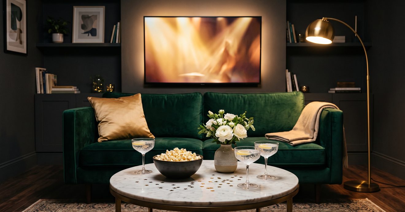 A dark living room at night with a glowing TV, an emerald velvet sofa with a gold satin pillow, and popcorn, white flowers, and gold star confetti on a marble table