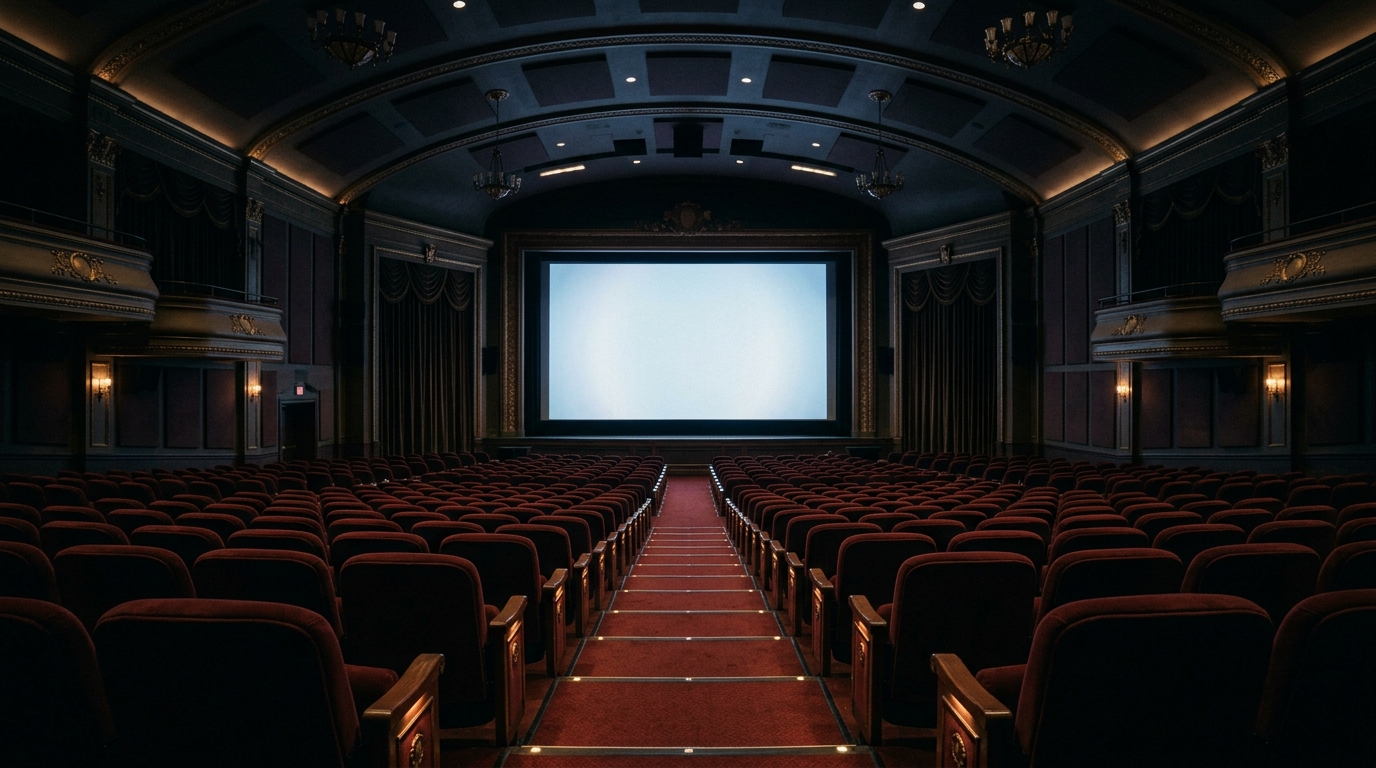 A dark cinema screen casting light on empty seats