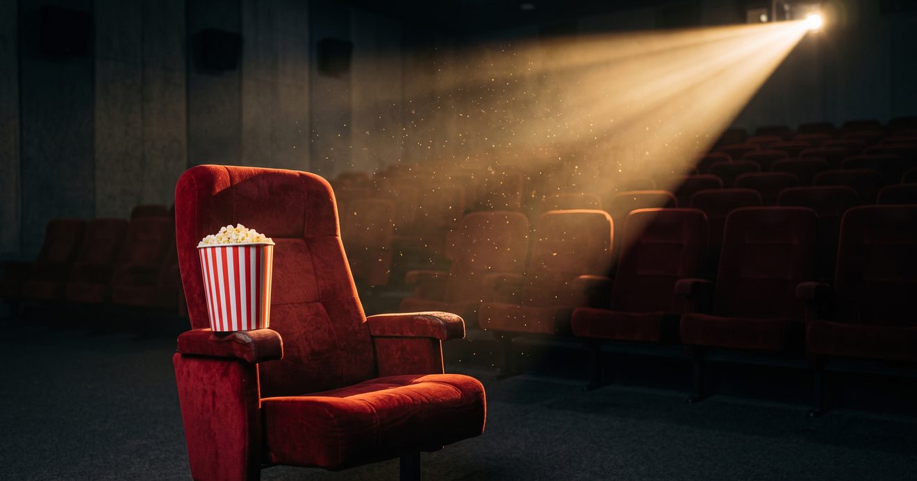 An empty red theater seat in a dark cinema, with a tub of popcorn on the armrest and a projector beam cutting through the air above