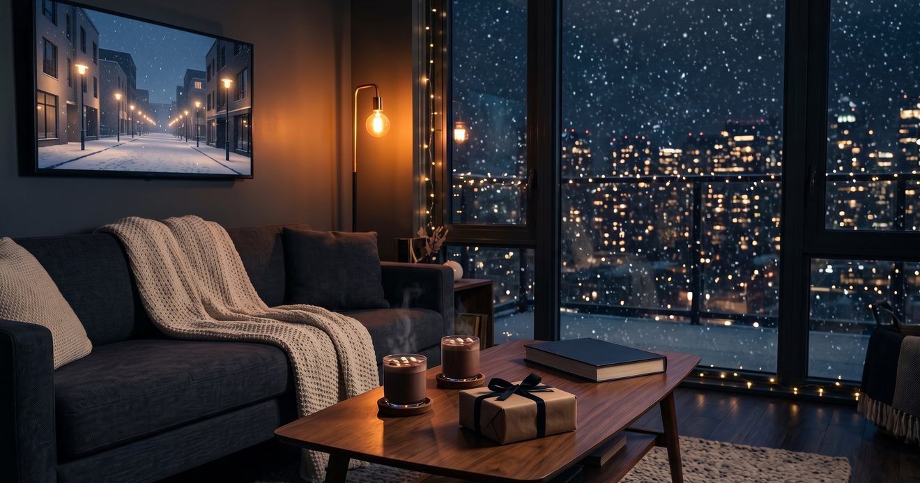 A modern living room late on a snowy night with a single warm lamp, string lights along a dark window, two glasses of cocoa, a kraft-paper gift, and a TV glowing