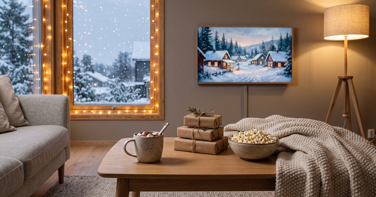 A modern living room on a snowy evening with warm string lights along the window, a mug of cocoa, gifts wrapped in kraft paper, and a TV glowing in the background