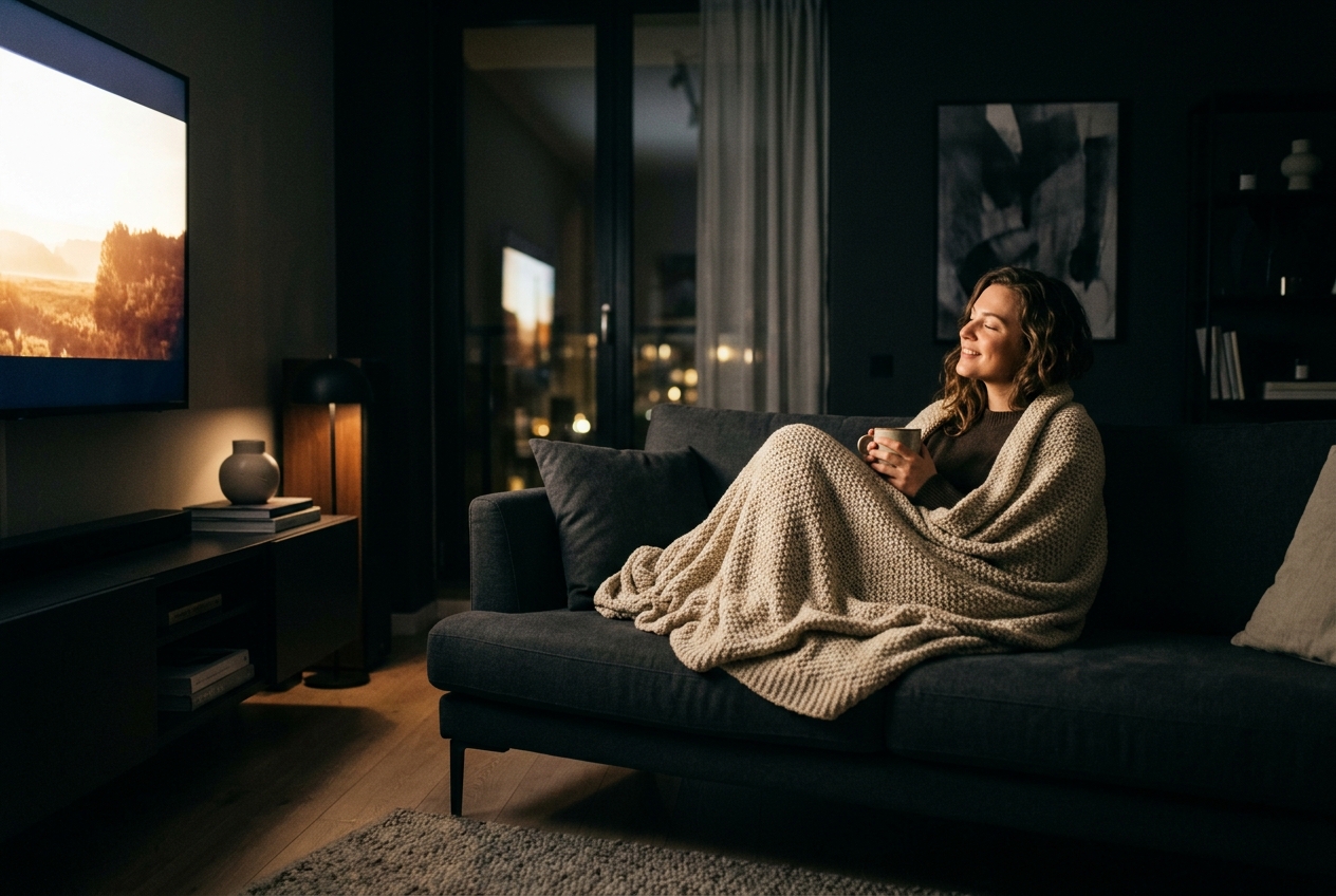 A person wrapped in a blanket on a sofa with a warm drink, bathed in the soft glow of a television screen in a dark room