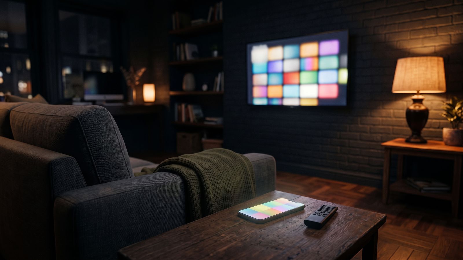A dark living room at night with a TV showing a grid of colorful tiles and a phone glowing on the coffee table
