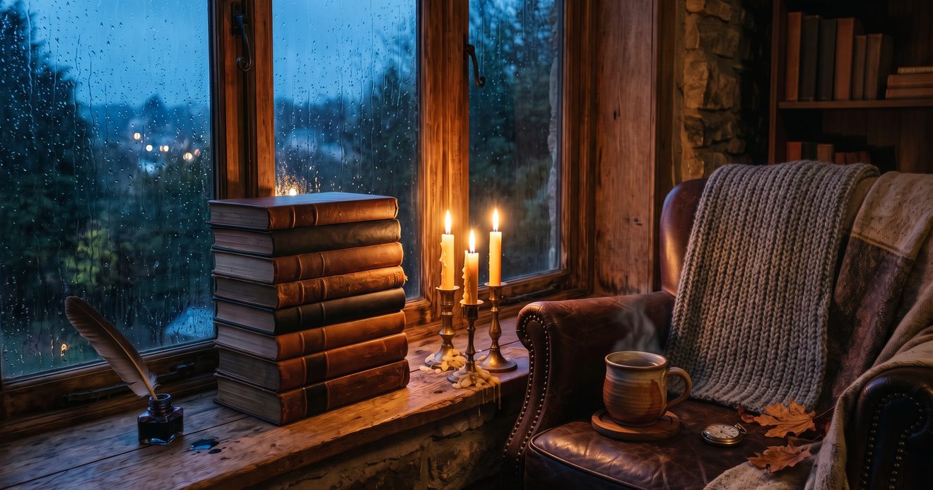 A rainy evening by a window with a stack of old leather books, lit candles, a quill and inkwell, a gray wool scarf over a leather armchair, and a mug of tea