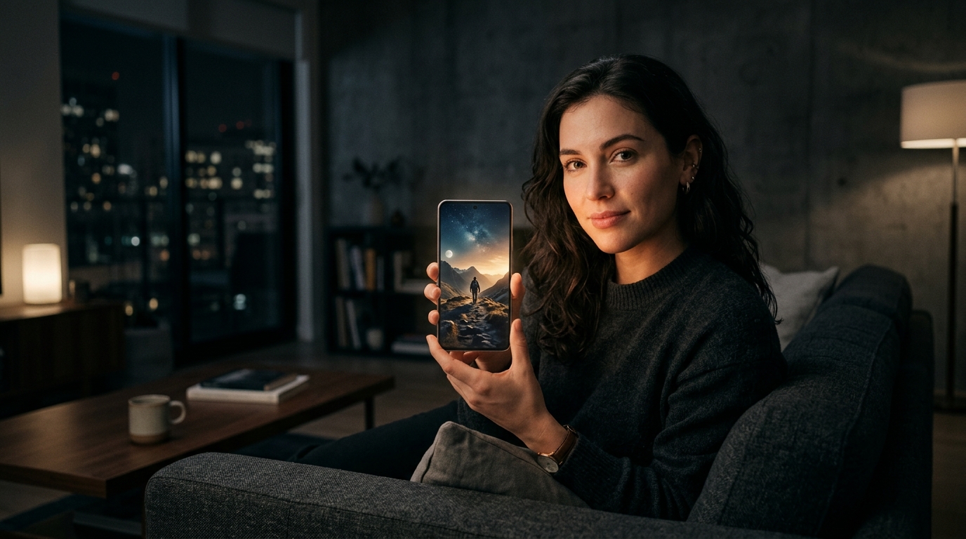 A paused film frame glowing on a phone screen in a dark room