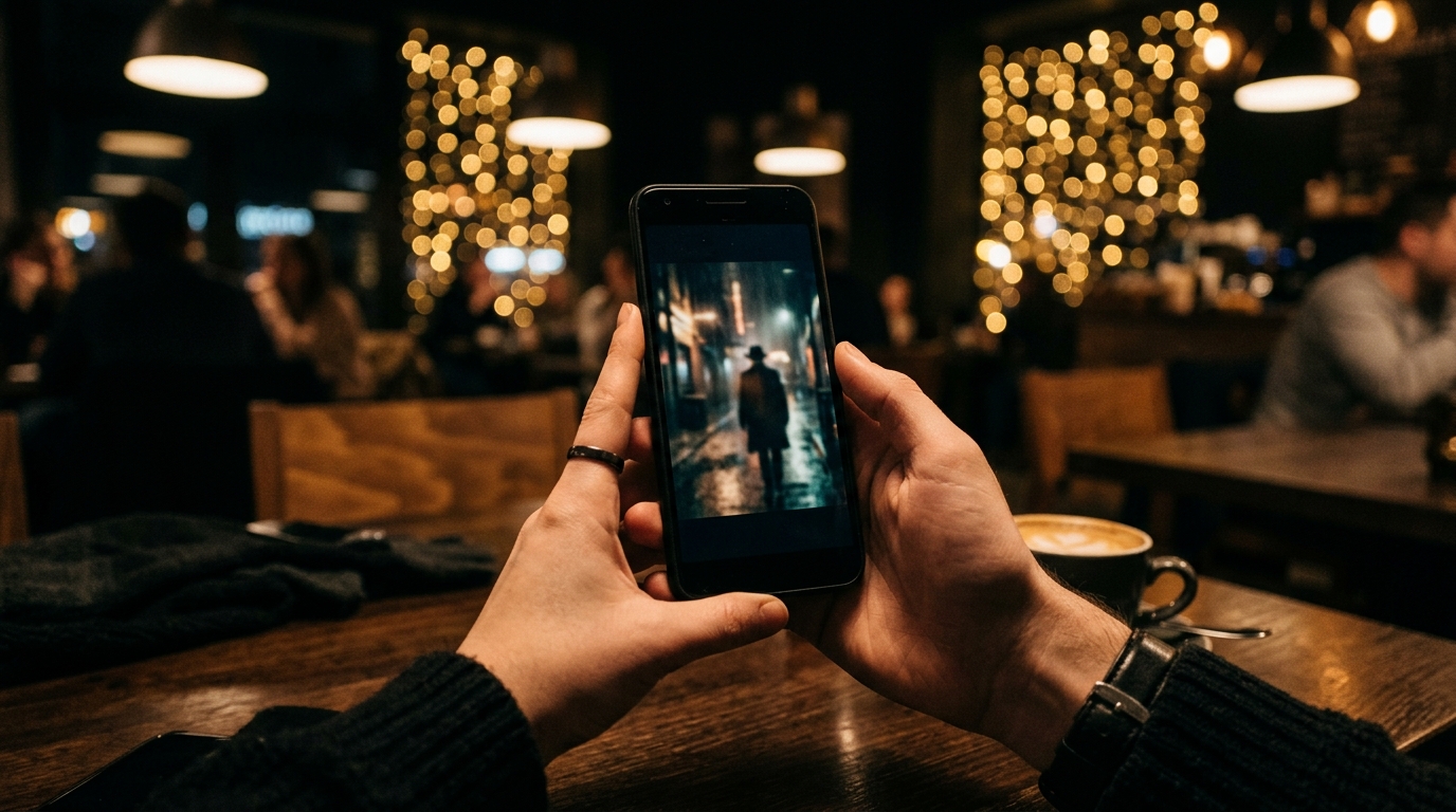A person's hands holding a phone showing a blurry film still in a dark café setting, searching for its source