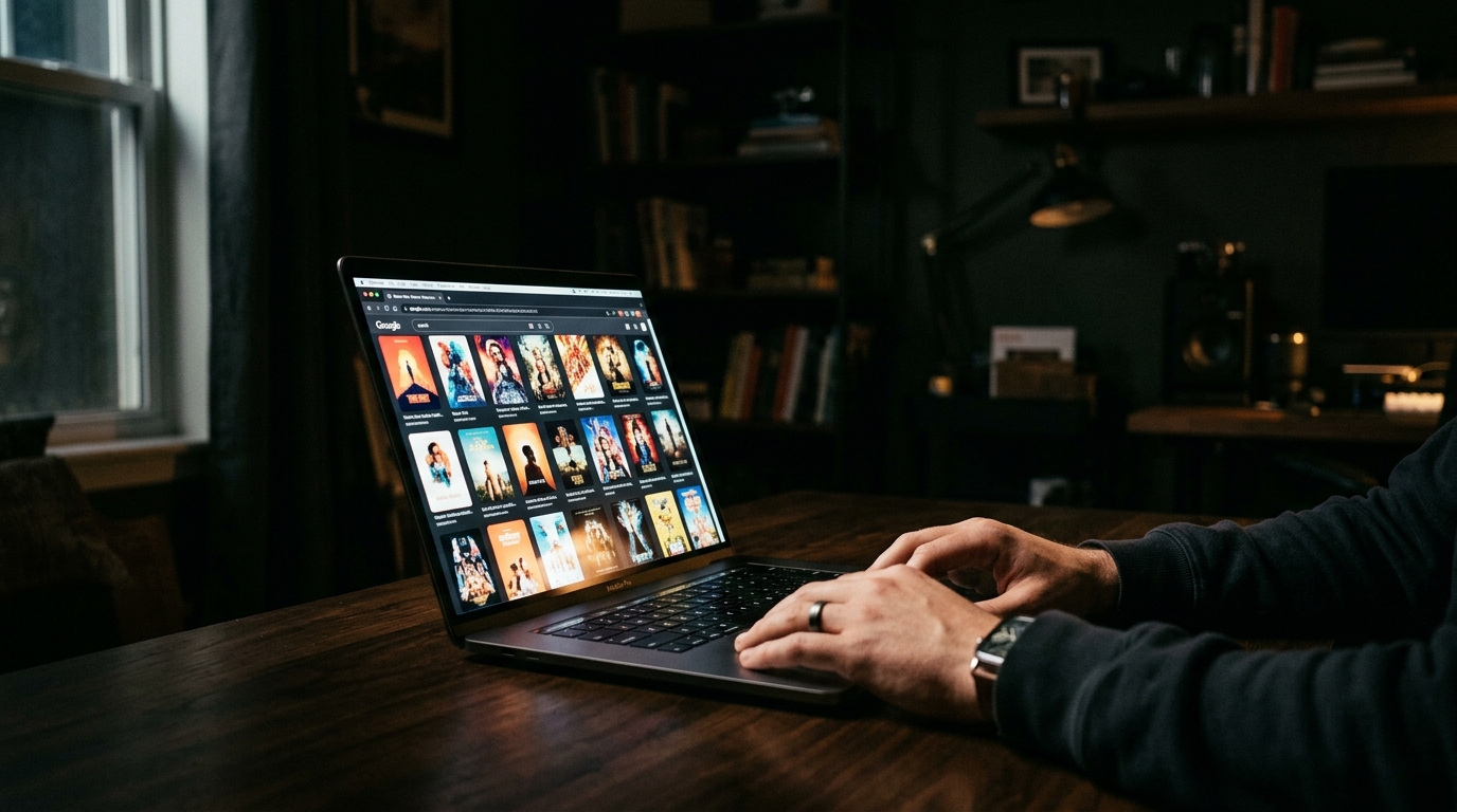 A laptop screen showing image search results for a film still in a dark room with soft ambient lighting