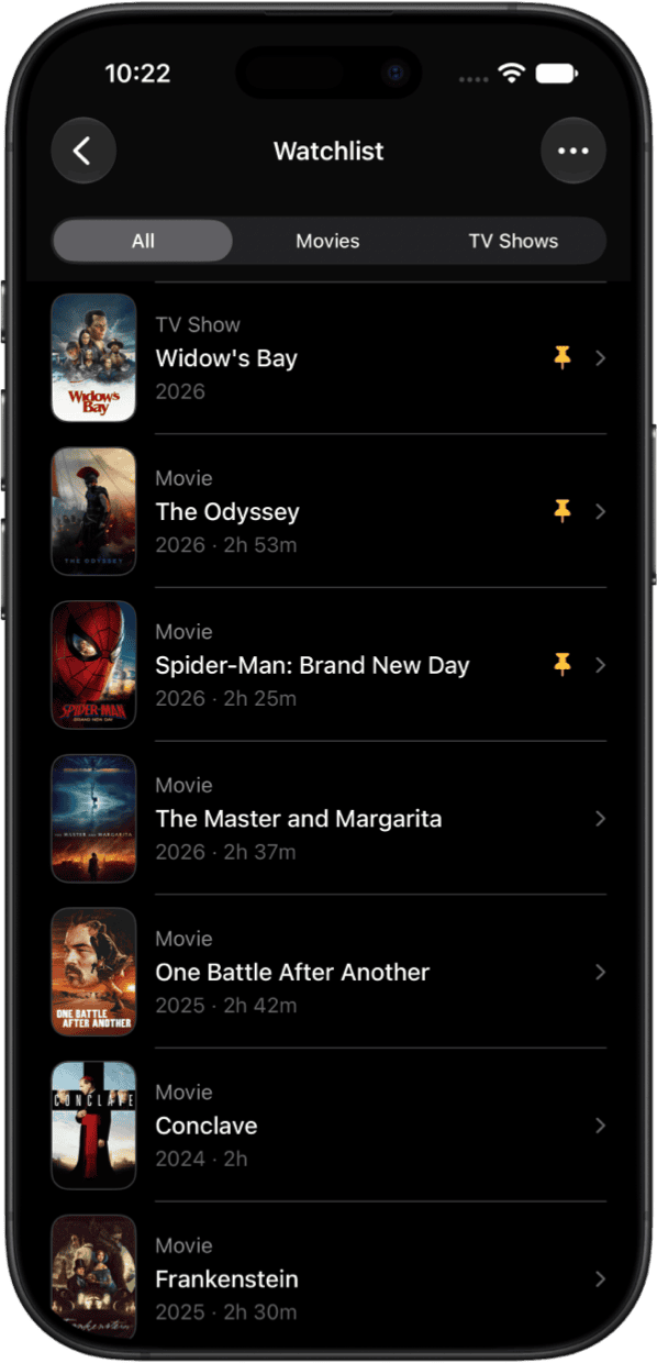 Limelight Watchlist showing saved movies and shows, with pinned titles at the top