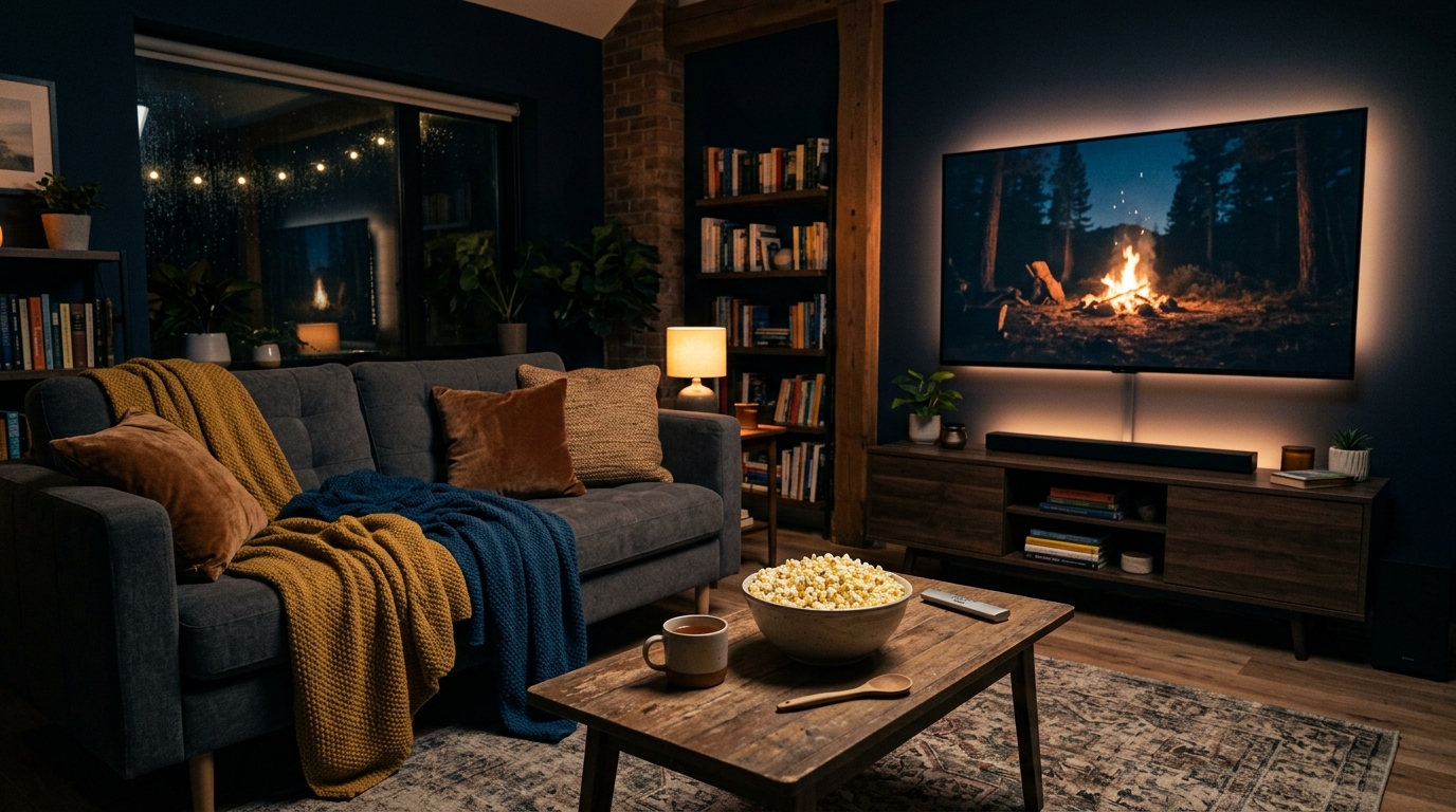A cozy living room set up for a movie night, lit by a warm lamp and the television