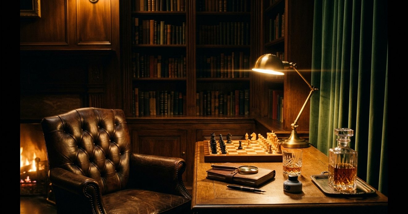 A wood-panelled study at night with a leather armchair, a chessboard mid-game, a brass magnifying glass and a decanter, lit by a warm desk lamp and firelight