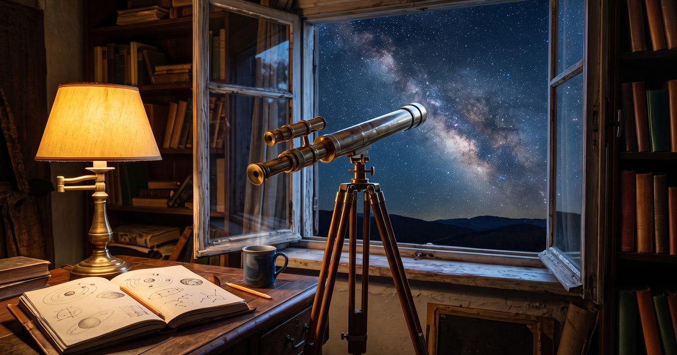 A brass telescope on a wooden tripod aimed through an open window at the Milky Way, with a lamp, a mug, and a notebook of orbit sketches on a desk
