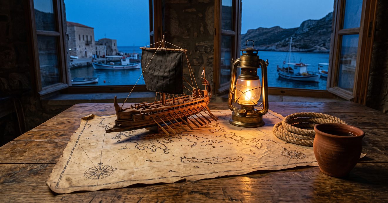 An old sea chart on a wooden table with a model of an ancient ship, a lit brass lantern, a coil of rope, and a clay cup, with a harbor at dusk through the window