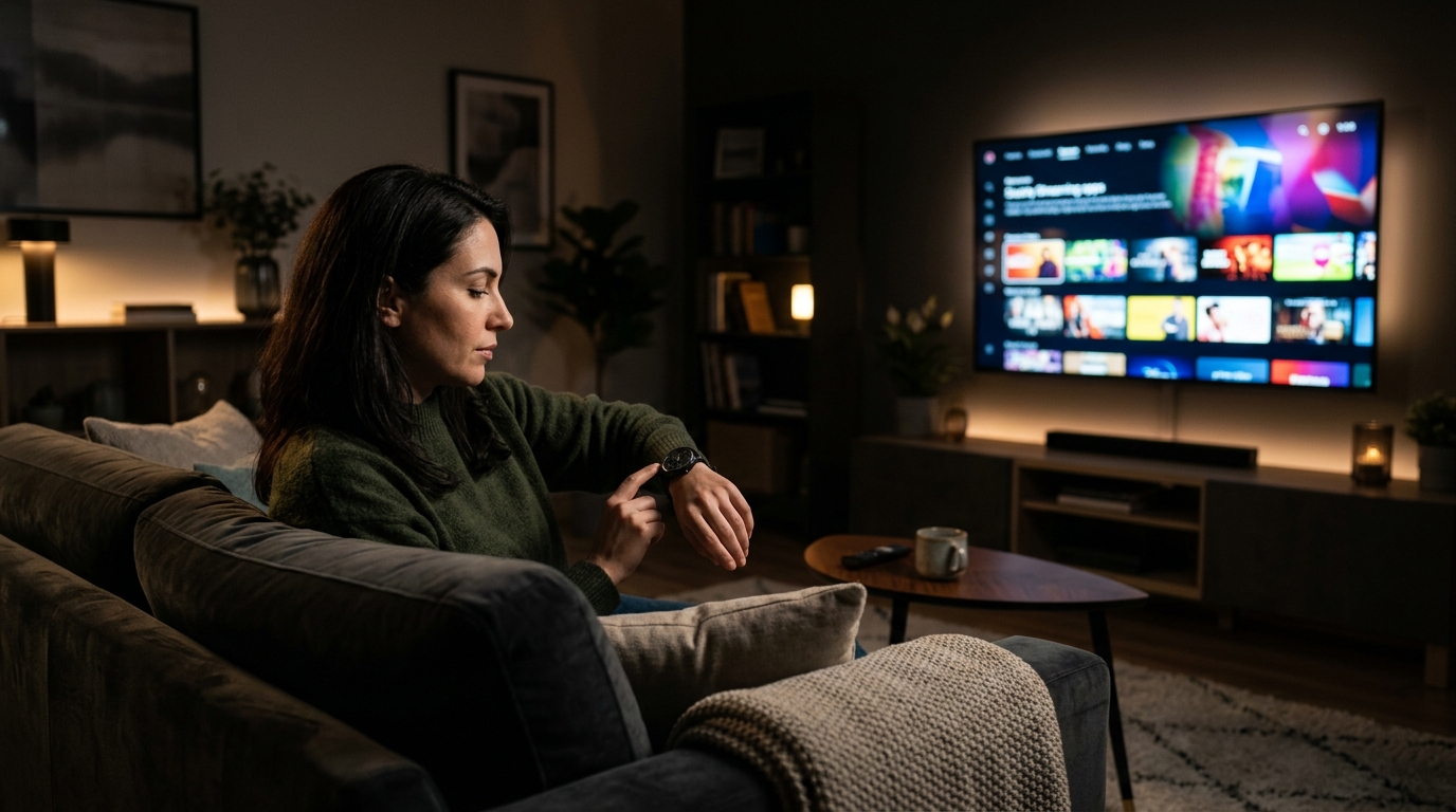 Person checking the time while browsing a movie app deciding what to watch in a short window