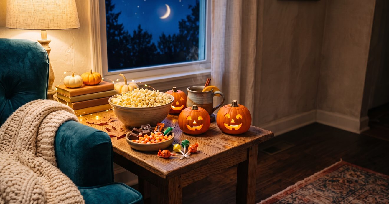 A cozy October corner at night with glowing jack-o'-lanterns, a bowl of popcorn, candy corn, and a knit blanket over a velvet armchair