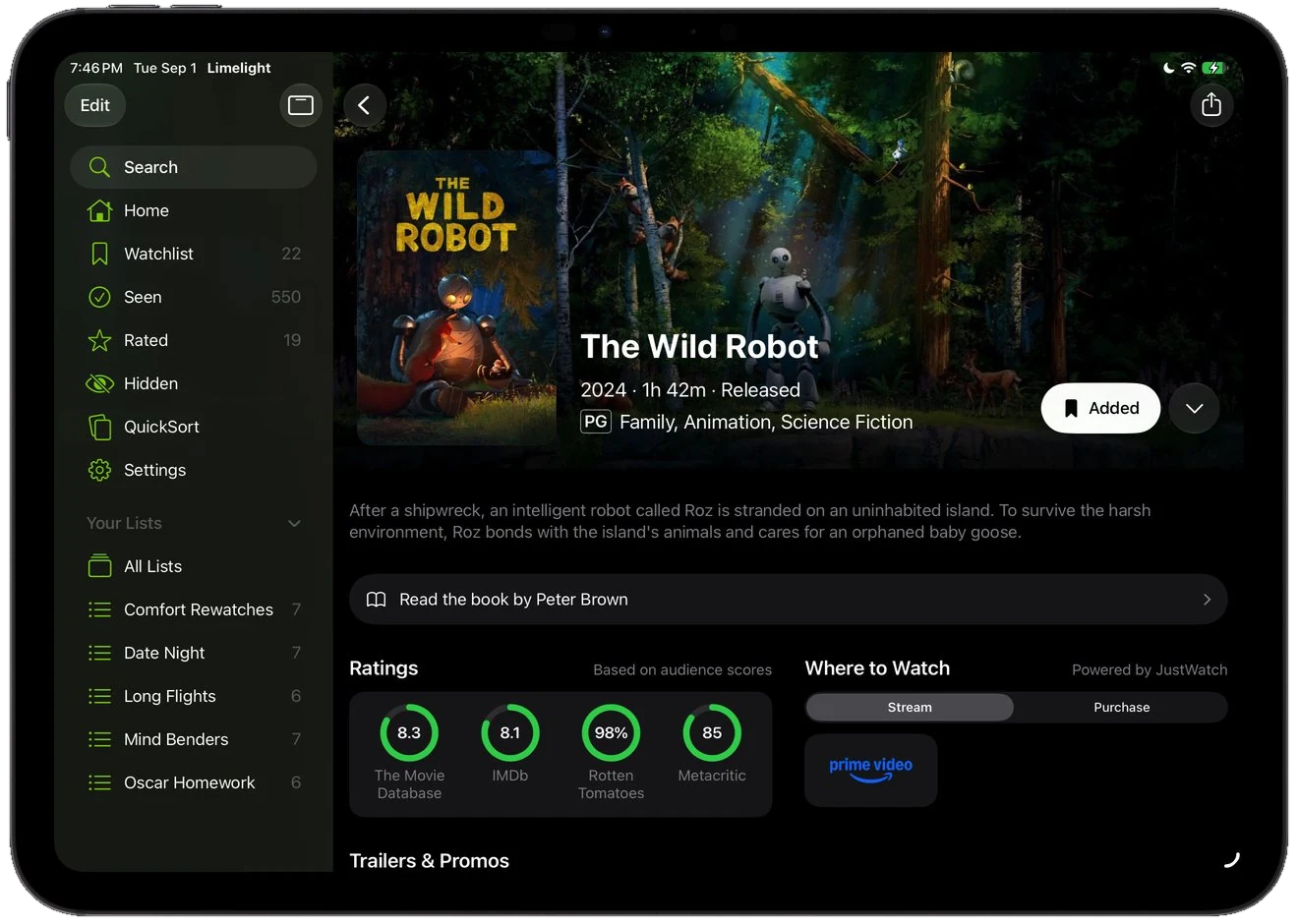 The Wild Robot on Limelight for iPad with ratings, where to watch, and the cast