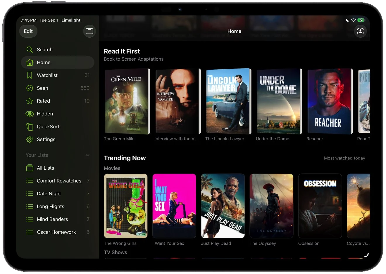 Limelight on iPad showing the Top 10 charts and latest trailers