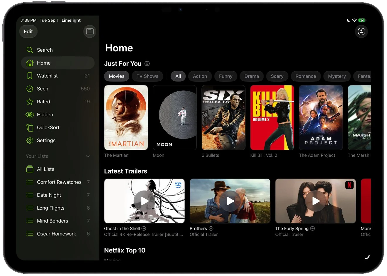 Limelight Home on iPad showing Just For You recommendations and trailers