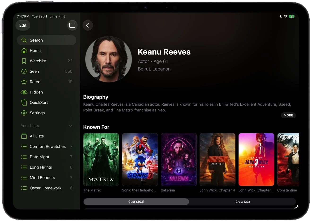Keanu Reeves on Limelight for iPad with biography and Known For posters
