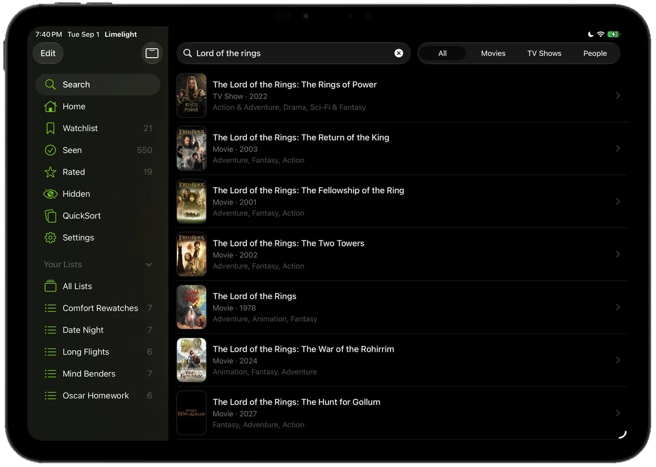 Searching The Lord of the Rings on Limelight for iPad with results in a list