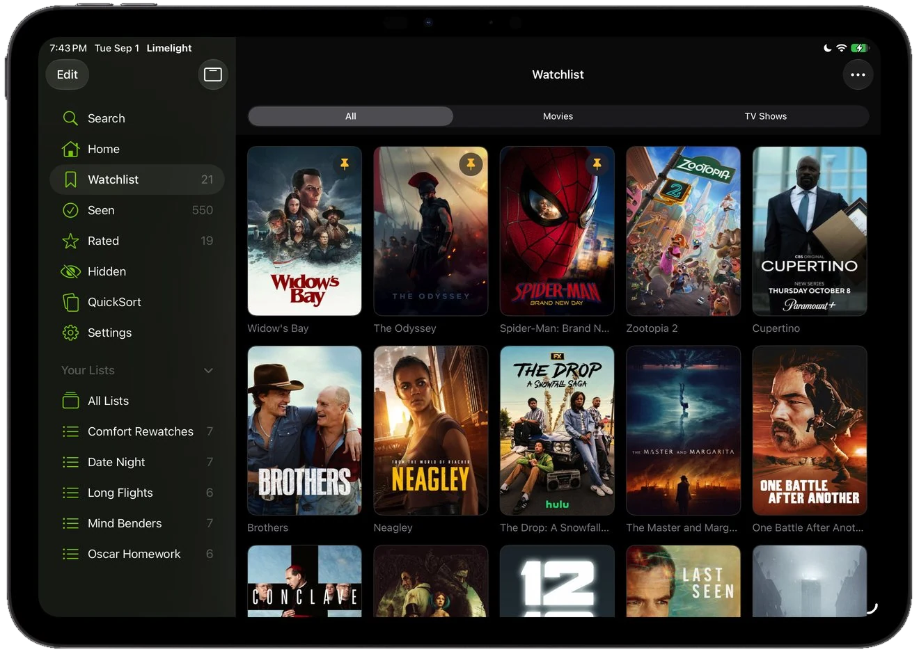 Limelight watchlist on iPad in poster grid view