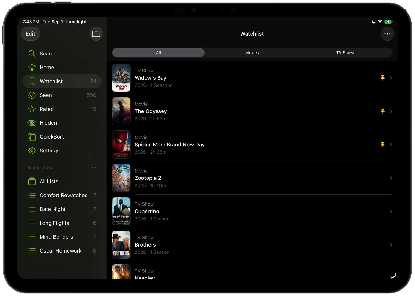 Limelight Watchlist on iPad with the sidebar open
